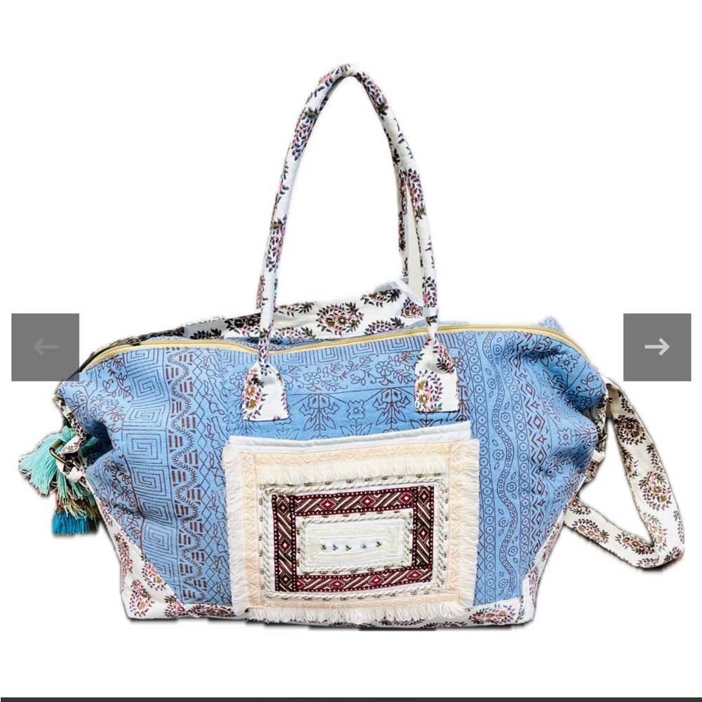Anthropologie Bohemian Blue and Cream Tote Bag